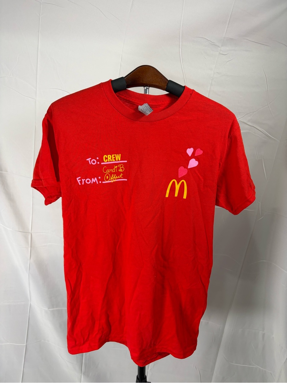 McDonald's Red Logo Crew Tee with Pink Hearts